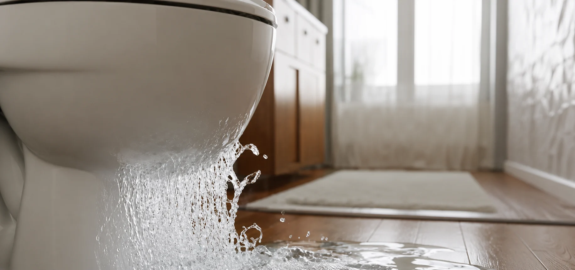 Water overflowing from a toilet bowl onto a bathroom floor