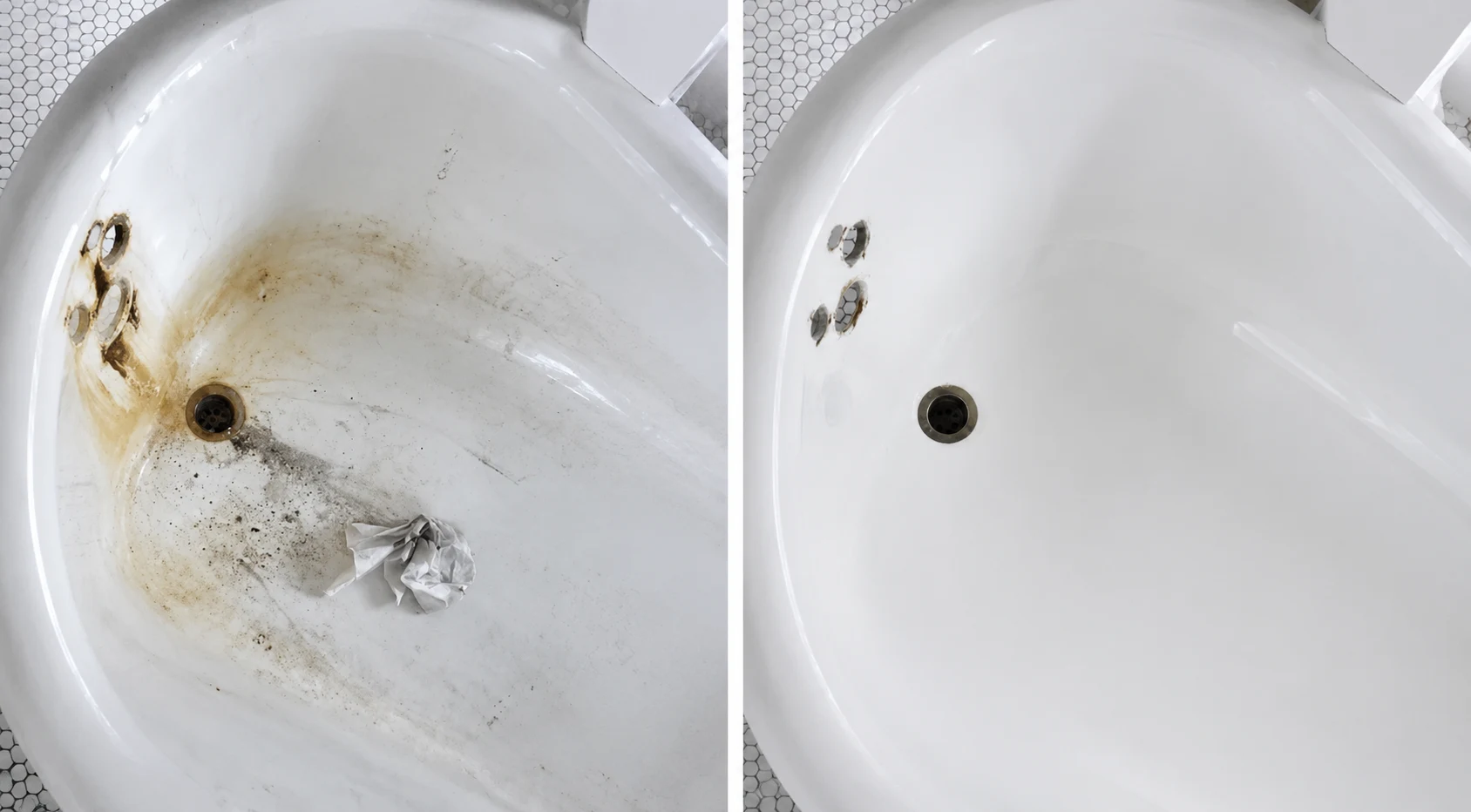 Before and after: a stained, blocked basin drain and the same basin after cleaning