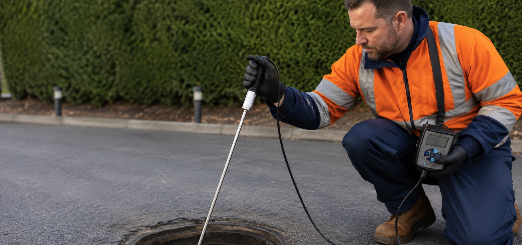 Technician inspecting an open manhole with a handheld instrument
