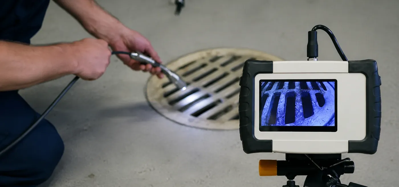 A CCTV drain inspection monitor showing a camera view of a drain
