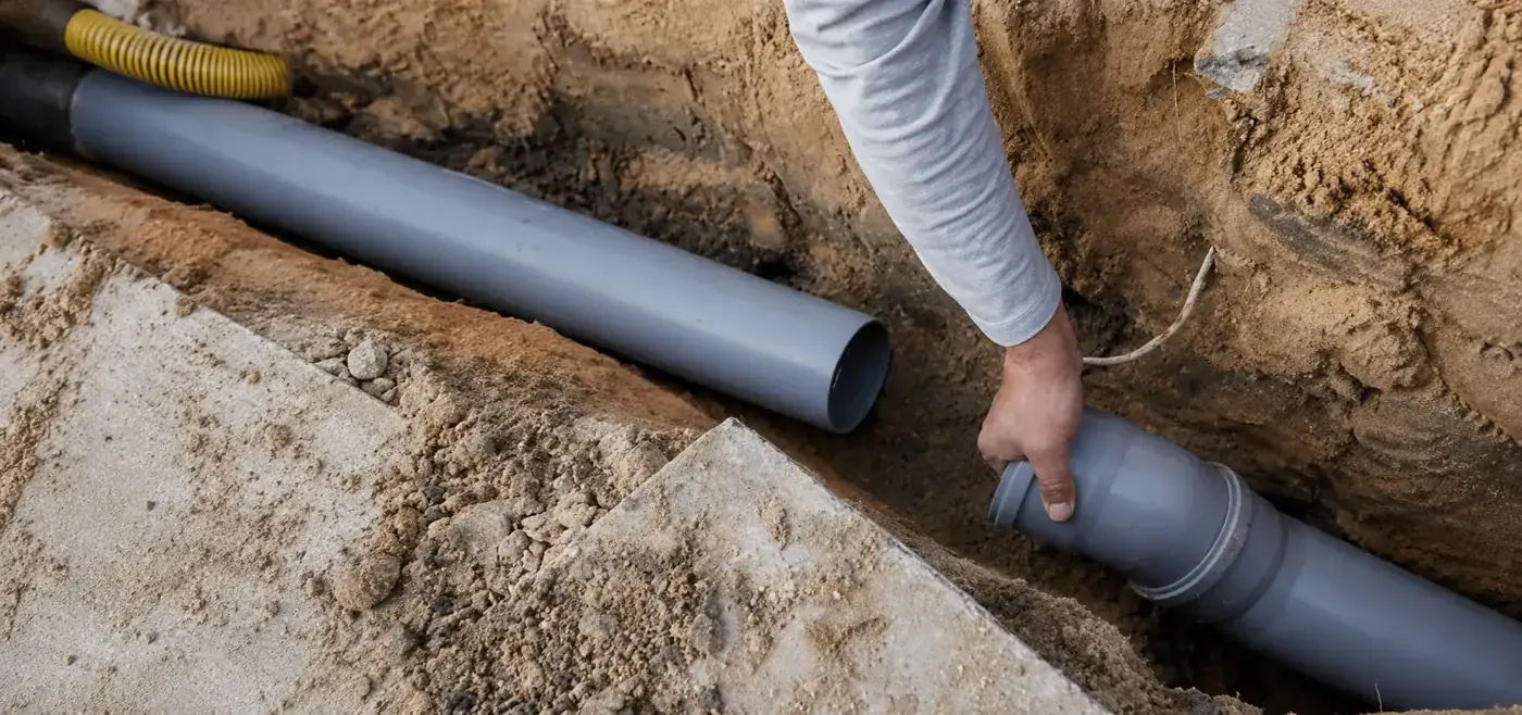 A grey drainage pipe being laid and jointed in a sandy trench