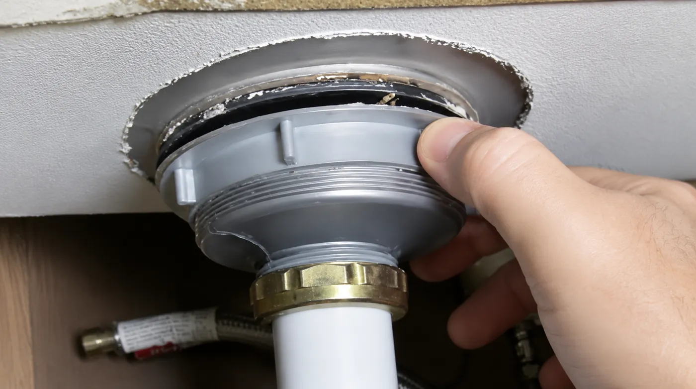 A sink strainer waste being removed from beneath a basin