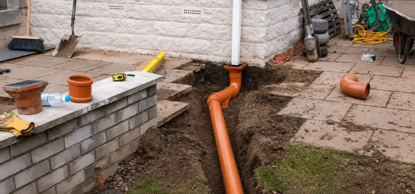 A new soil pipe laid in an open trench beside a patio